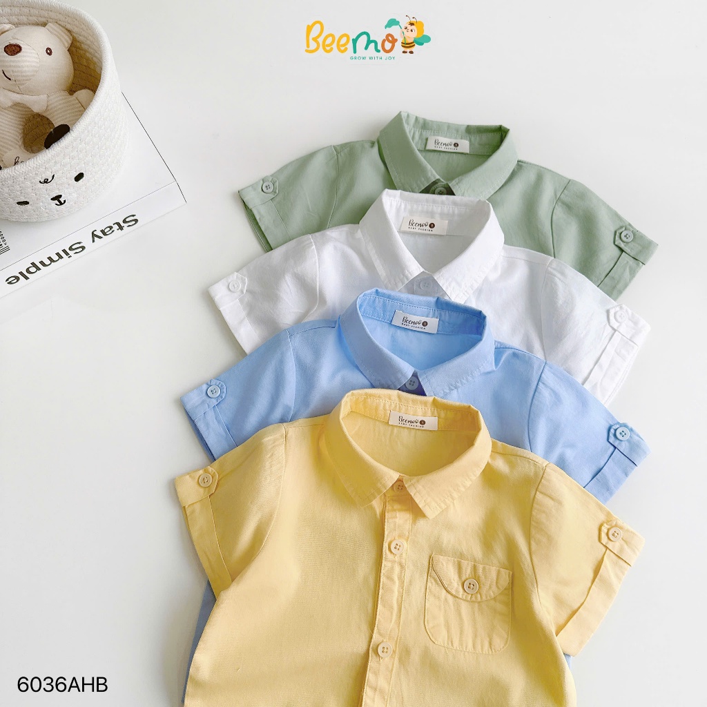 Áo sơ mi cổ đức trơn màu cộc tay bé trai, áo sơ mi thô lụa phối túi ngực cộc tay cho bé mẫu mới