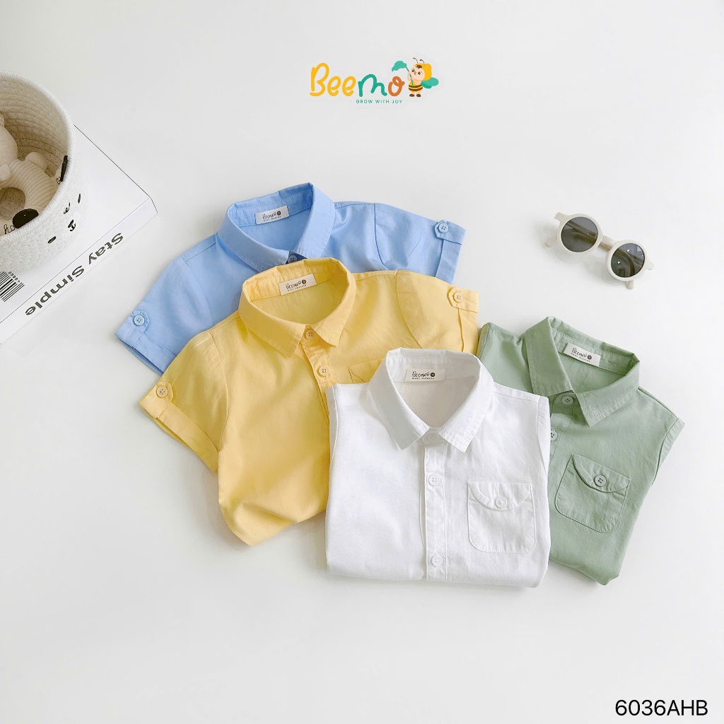 Áo sơ mi cổ đức trơn màu cộc tay bé trai, áo sơ mi thô lụa phối túi ngực cộc tay cho bé mẫu mới