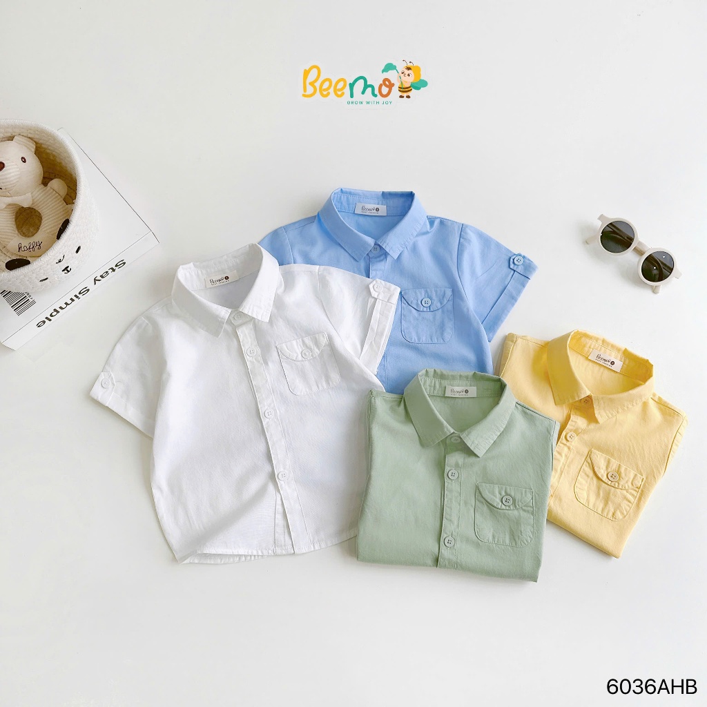 Áo sơ mi cổ đức trơn màu cộc tay bé trai, áo sơ mi thô lụa phối túi ngực cộc tay cho bé mẫu mới