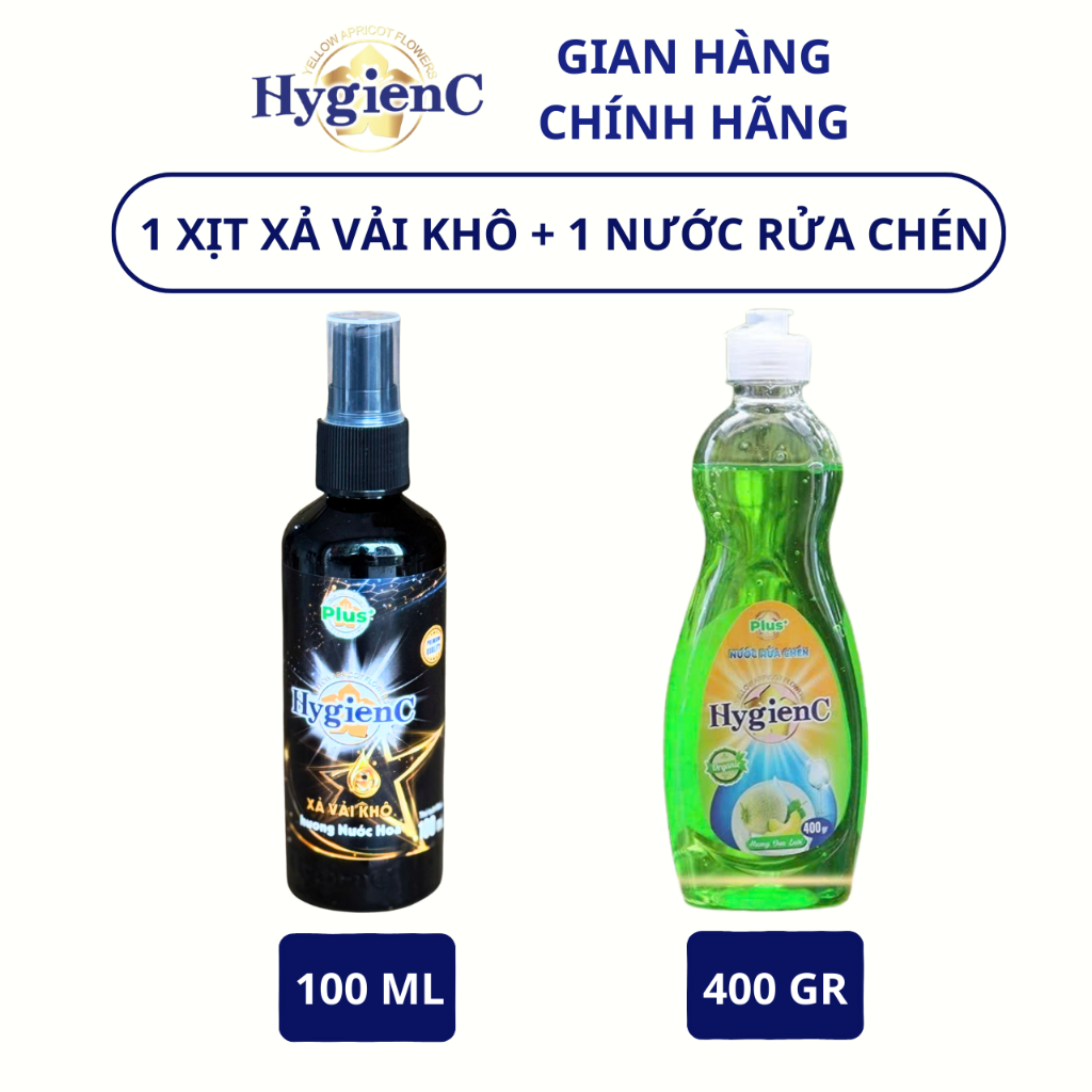 Bộ Đôi: 1 Chai Xịt Vải Khô 100ml và 1 Chai Nước Rửa Chén 400gr (Thương Hiệu HygienC Plus) - Hàng Chính Hãng