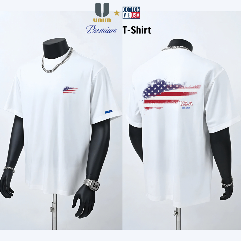 Ao thun Cờ Mỹ USA Chất Liệu Cotton Cao Cấp Co Giãn 2 Chiều Kiểu Dáng Rộng Form Boxy Châu Âu Hình In Chống Bong Chóc