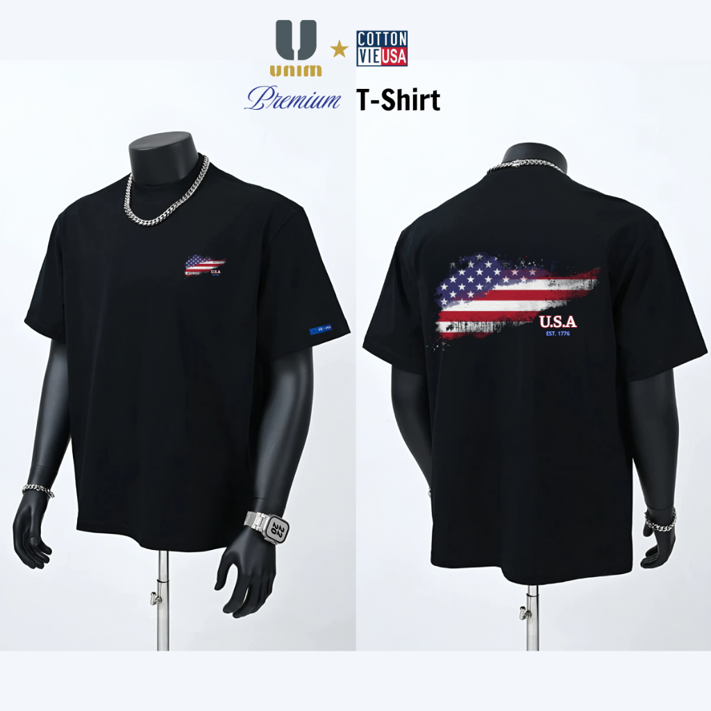 Ao thun Cờ Mỹ USA Chất Liệu Cotton Cao Cấp Co Giãn 2 Chiều Kiểu Dáng Rộng Form Boxy Châu Âu Hình In Chống Bong Chóc