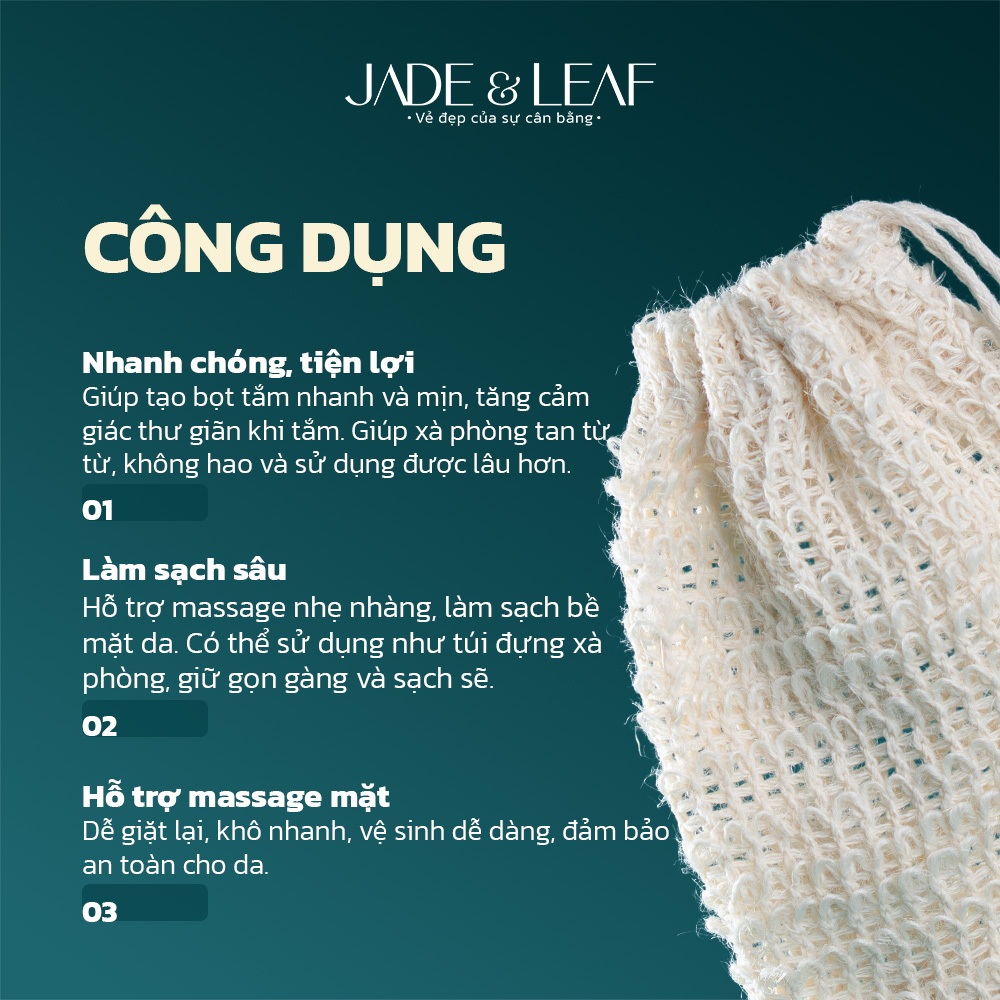 Túi Lưới Tạo Bọt Xà Phòng Jade&Leaf Thiên Nhiên, Tẩy Tế Bào Chết Sợi Gai Dầu Sisal, Dễ Dùng