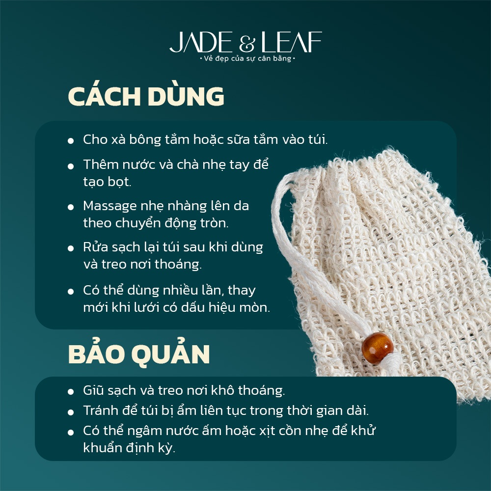 Túi Lưới Tạo Bọt Xà Phòng Jade&Leaf Thiên Nhiên, Tẩy Tế Bào Chết Sợi Gai Dầu Sisal, Dễ Dùng