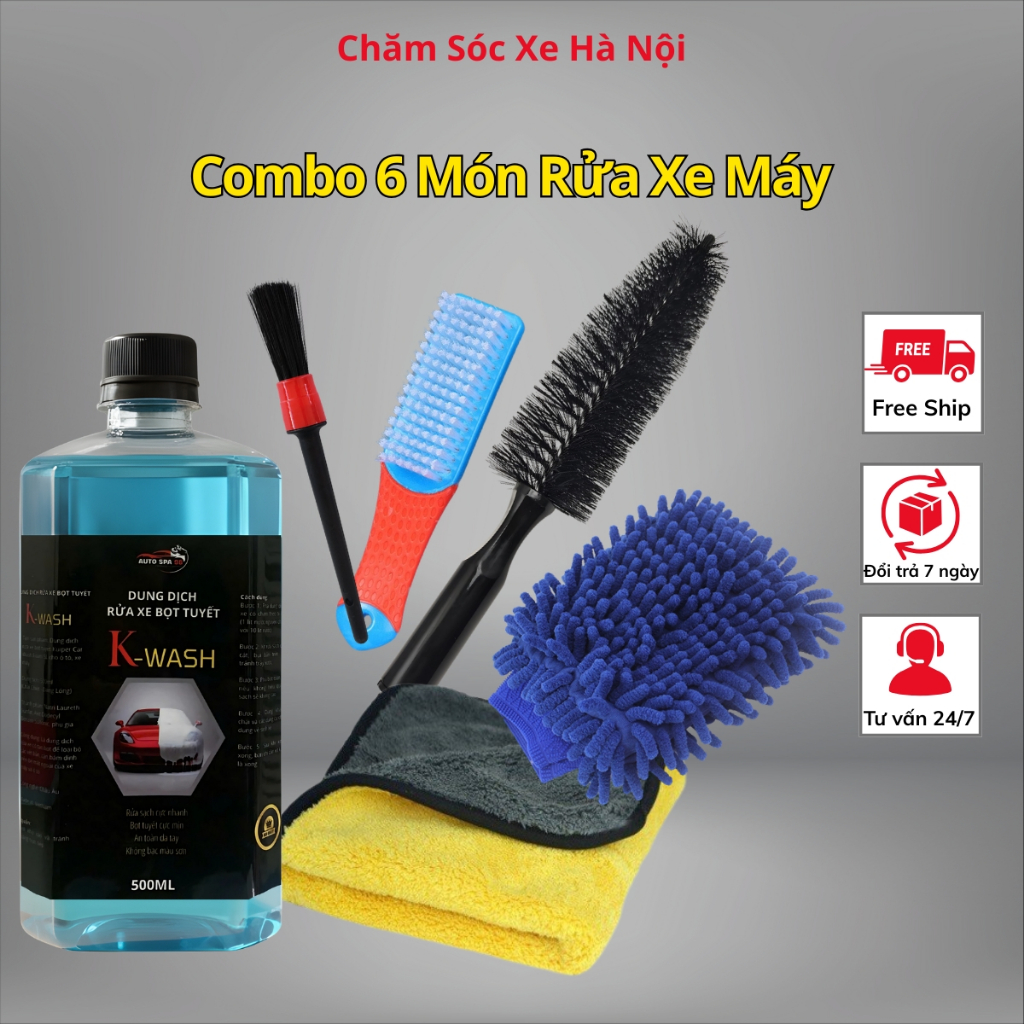 Combo 6 Món Rửa Xe Máy Cao Cấp – Bộ Dụng Cụ Rửa Xe Kèm Nước Rửa Xe K-Wash 500ml