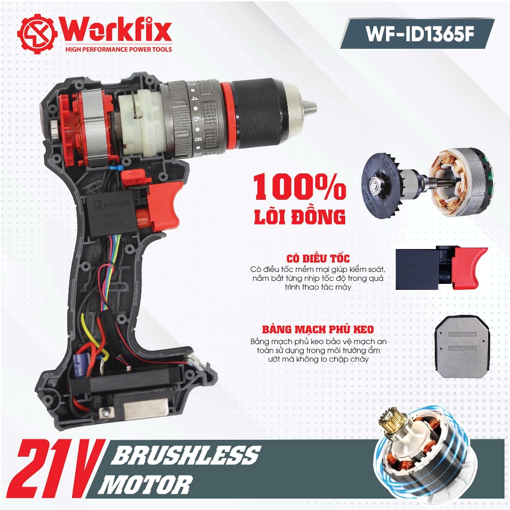 Máy Khoan Pin 21V Workfix WF-ID1365F Không Chổi Than – 65Nm – Khoan Búa Vặn Vít – 2 Cấp Tốc Độ – Đầu Kẹp 13mm
