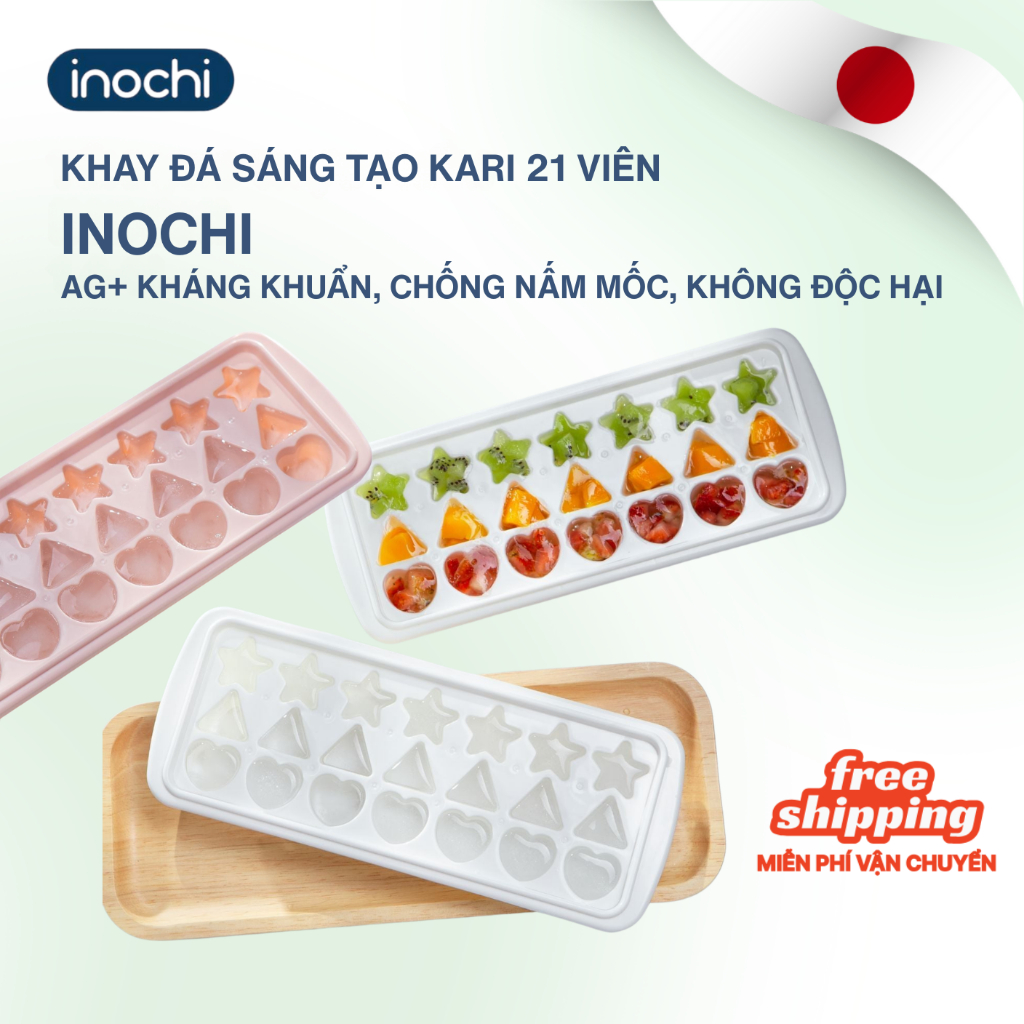 Khay đá nhựa 21 viên Kari Inochi làm đá cho tủ lạnh kháng khuẩn, chống mùi, hình đa dạng