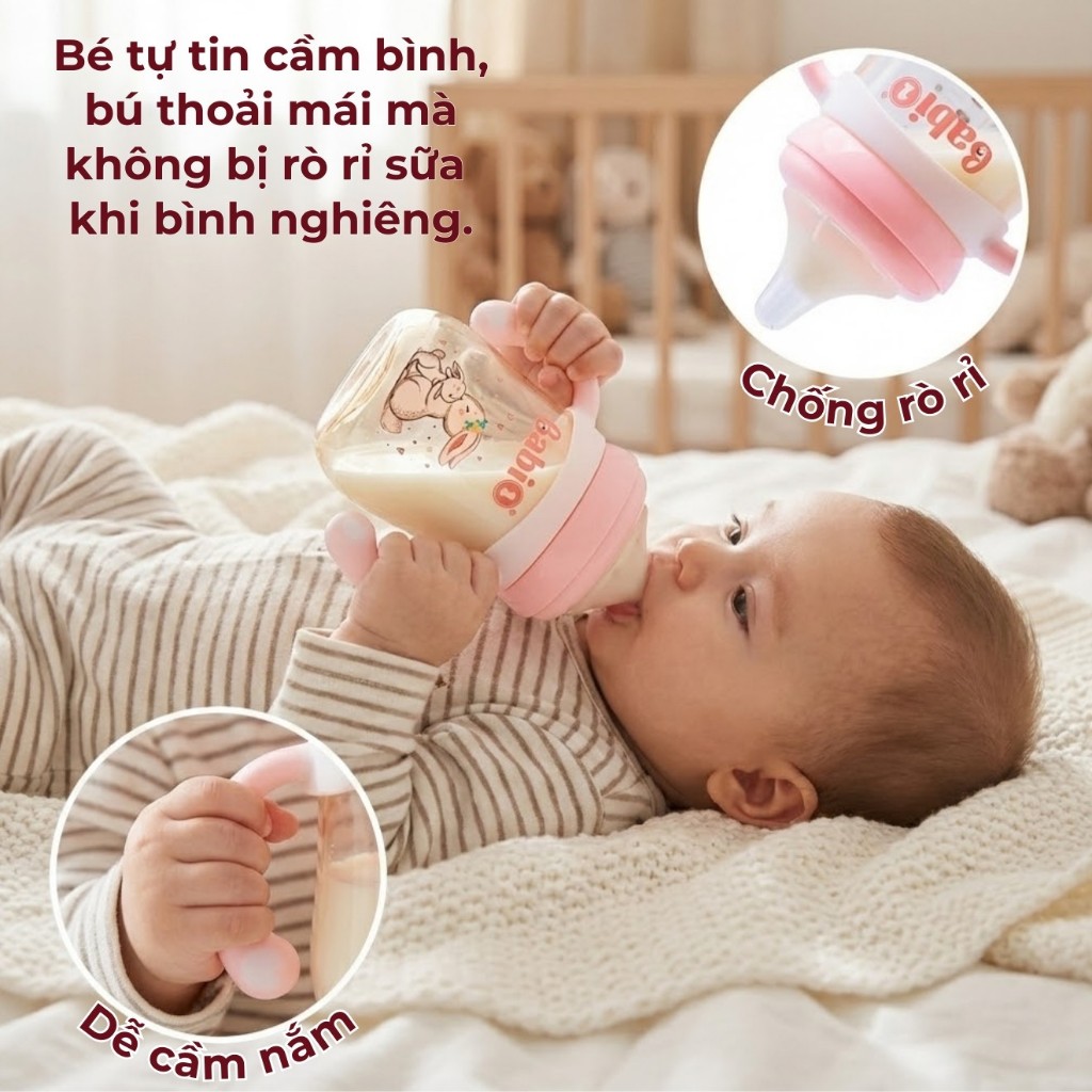 Bình Sữa Babi1 PPSU Plus 180ml Cổ Rộng (Tặng 2 Núm Ty) Có Tay Cầm Núm Y Khoa Chống Sặc Chính Hãng