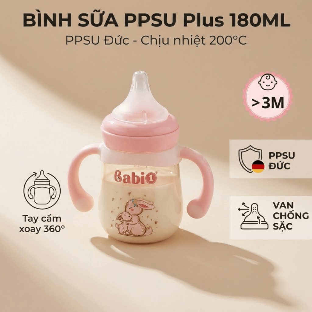 Bình Sữa Babi1 PPSU Plus 180ml Cổ Rộng (Tặng 2 Núm Ty) Có Tay Cầm Núm Y Khoa Chống Sặc Chính Hãng