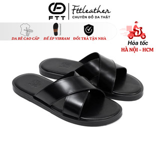 Dép da bò nam quai chéo Fttleather, dép da nam quai chéo đế phíp gỗ vibram chống trơn trượt D013