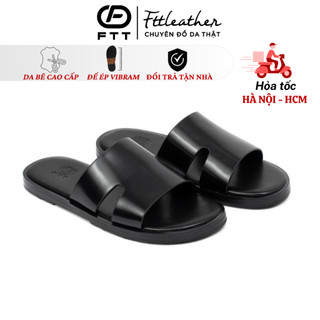 Dép da nam quai ngang Fttleather, dép da nam mang hằng ngày êm chân đế phíp gỗ chống trượt D011