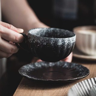 Tách Sứ 190ml, Ly Cafe, Capuchino Đen Trắng Xanh Kèm Đĩa Phong Cách Vintage Indochina