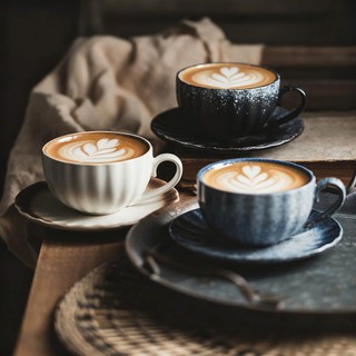 Tách Sứ 190ml, Ly Cafe, Capuchino Đen Trắng Xanh Kèm Đĩa Phong Cách Vintage Indochina
