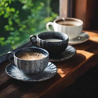 Tách Sứ 190ml, Ly Cafe, Capuchino Đen Trắng Xanh Kèm Đĩa Phong Cách Vintage Indochina