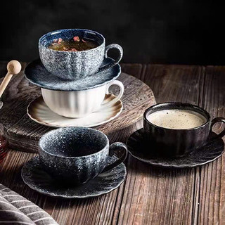 Tách Sứ 190ml, Ly Cafe, Capuchino Đen Trắng Xanh Kèm Đĩa Phong Cách Vintage Indochina