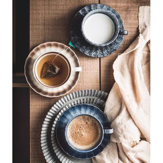 Tách Sứ 190ml, Ly Cafe, Capuchino Đen Trắng Xanh Kèm Đĩa Phong Cách Vintage Indochina