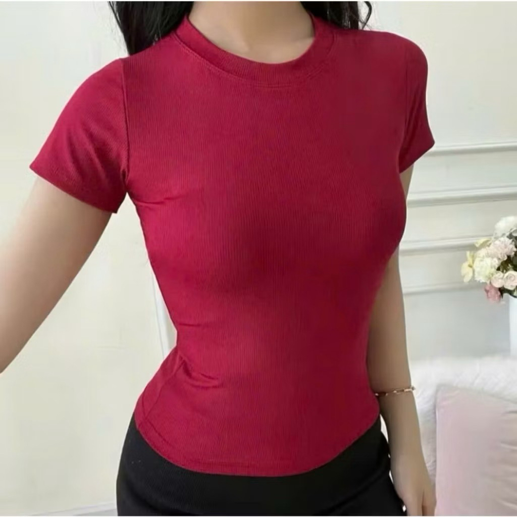 [Kèm Quần Short] Áo thun cổ tròn chất thun gân tăm form ôm Babytee kiểu dáng thắt eo co giãn thoải mái