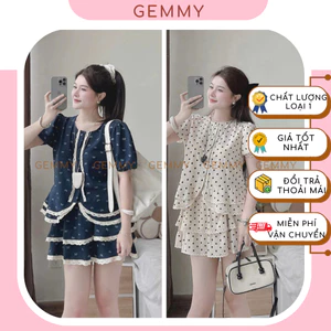 Set váy dễ thương cho nữ, Set áo và chân váy thanh lịch có lót quần, viền ren cotton chấm bi - GEMMY
