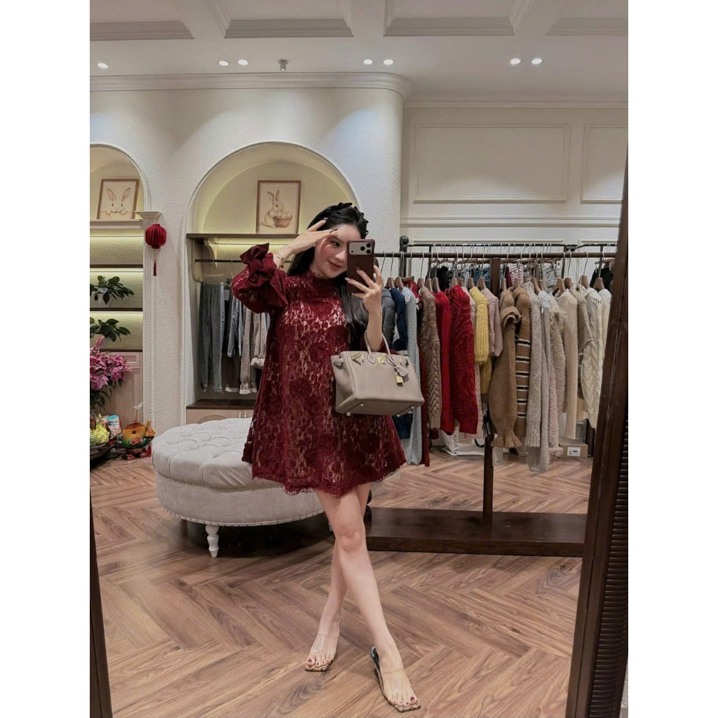 Váy Tay Dài Cao Cấp Đỏ Đô | Trắng Kèm Chân Váy | Váy Form Suông Tiểu Thư Đính Nơ Sang Trọng Dự Tiệc | Chamie Store