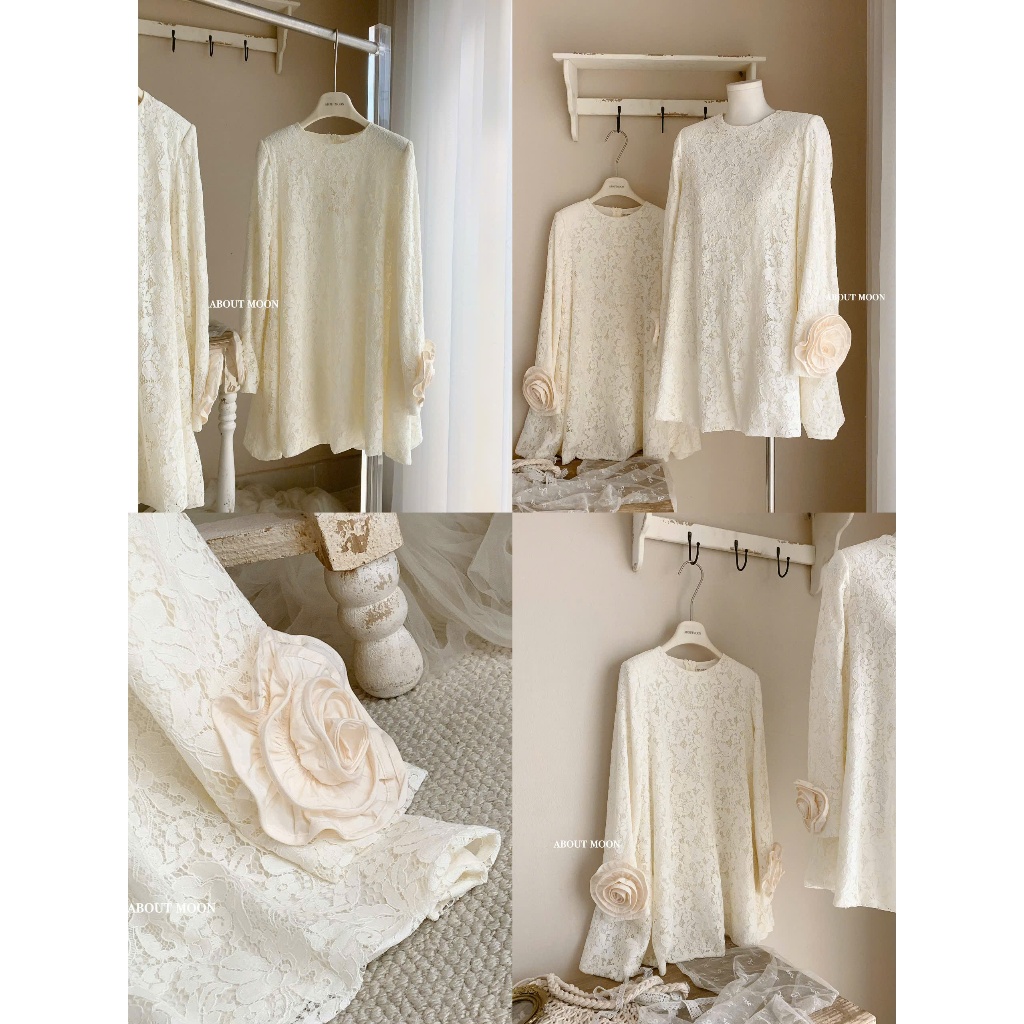 Đầm Ren Tay Dài Cổ Tròn Dáng Suông Đính Hoa Hồng 3D Cổ Tay Tiểu Thư Dự Tiệc - CHAMIE STUDIO