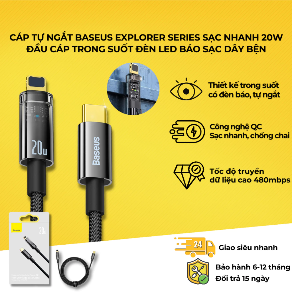 Cáp Sạc nhanh 20W Baseus tự ngắt thông minh khi đầy pin bọc dù Baseus Explorer Auto Power-Off Fast C