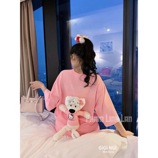 Áo Phông Hồng Gấu 13De Marzo Thêu Kitty Tay Kẻ QC