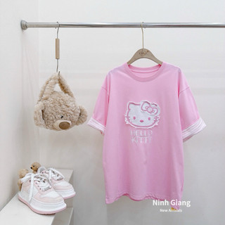 Áo Phông Hồng Gấu 13De Marzo Thêu Kitty Tay Kẻ QC