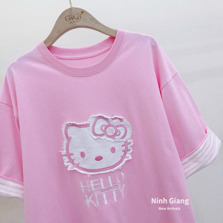 Áo Phông Hồng Gấu 13De Marzo Thêu Kitty Tay Kẻ QC
