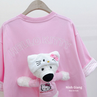 Áo Phông Hồng Gấu 13De Marzo Thêu Kitty Tay Kẻ QC