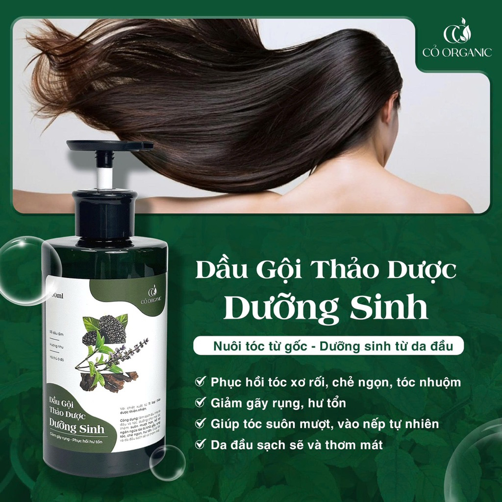 Dầu gội thảo dược dưỡng sinh Cỏ Organic 500ml giúp lưu thông tuần hoàn máu, phục hồi hư tổn, ngăn rụng tóc tặng 1 mặt nạ