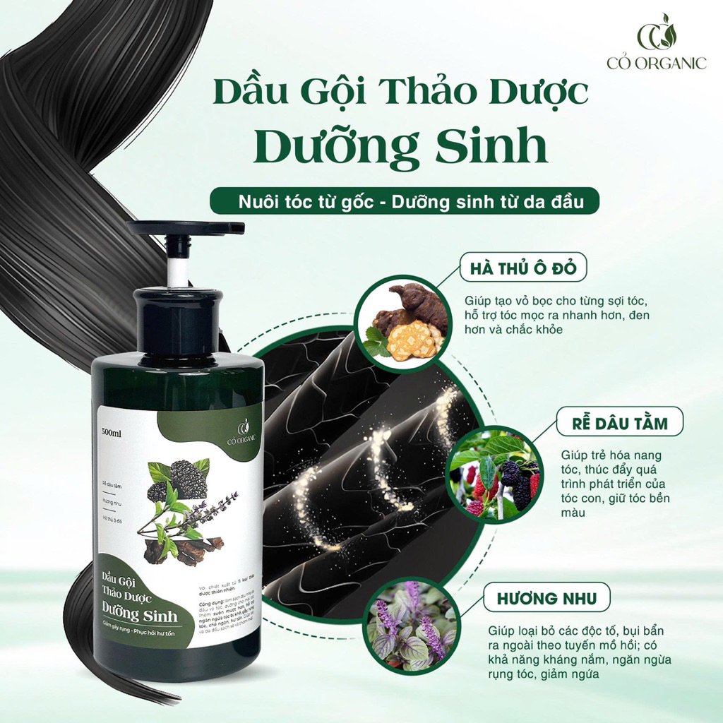 Dầu gội thảo dược dưỡng sinh Cỏ Organic 500ml giúp lưu thông tuần hoàn máu, phục hồi hư tổn, ngăn rụng tóc tặng 1 mặt nạ