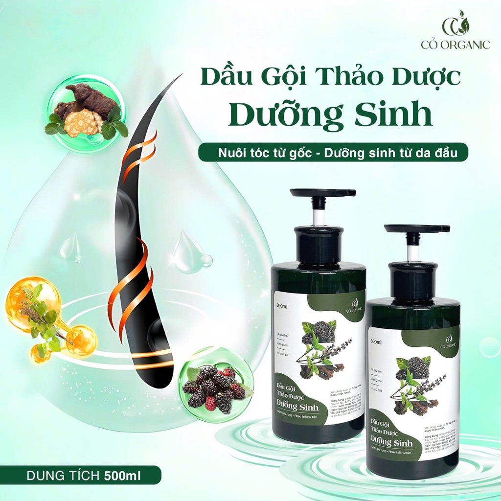 Dầu gội thảo dược dưỡng sinh Cỏ Organic 500ml giúp lưu thông tuần hoàn máu, phục hồi hư tổn, ngăn rụng tóc tặng 1 mặt nạ
