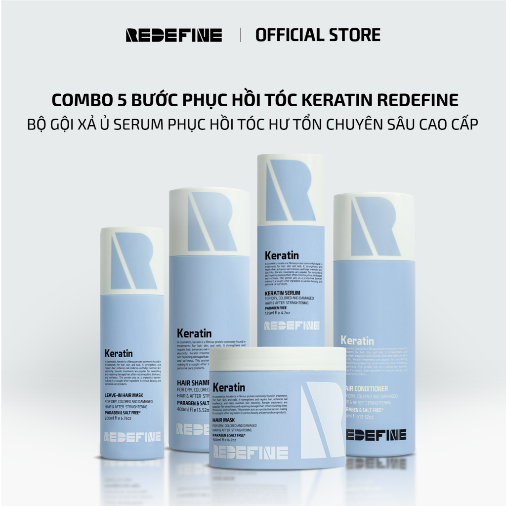 Combo 5 Bước Phục Hồi Tóc Keratin REDEFINE-Bộ Gội Xả Ủ Serum Phục Hồi Tóc Hư Tổn Chuyên Sâu Cao Cấp