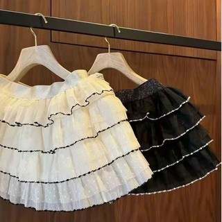 Chân Váy Voan Ngắn Mini Xếp Tầng Phối Viền Nền Chấm Bi Lưng Chun Ánh Kim Có Lót Trong Hàng Quảng Châu.