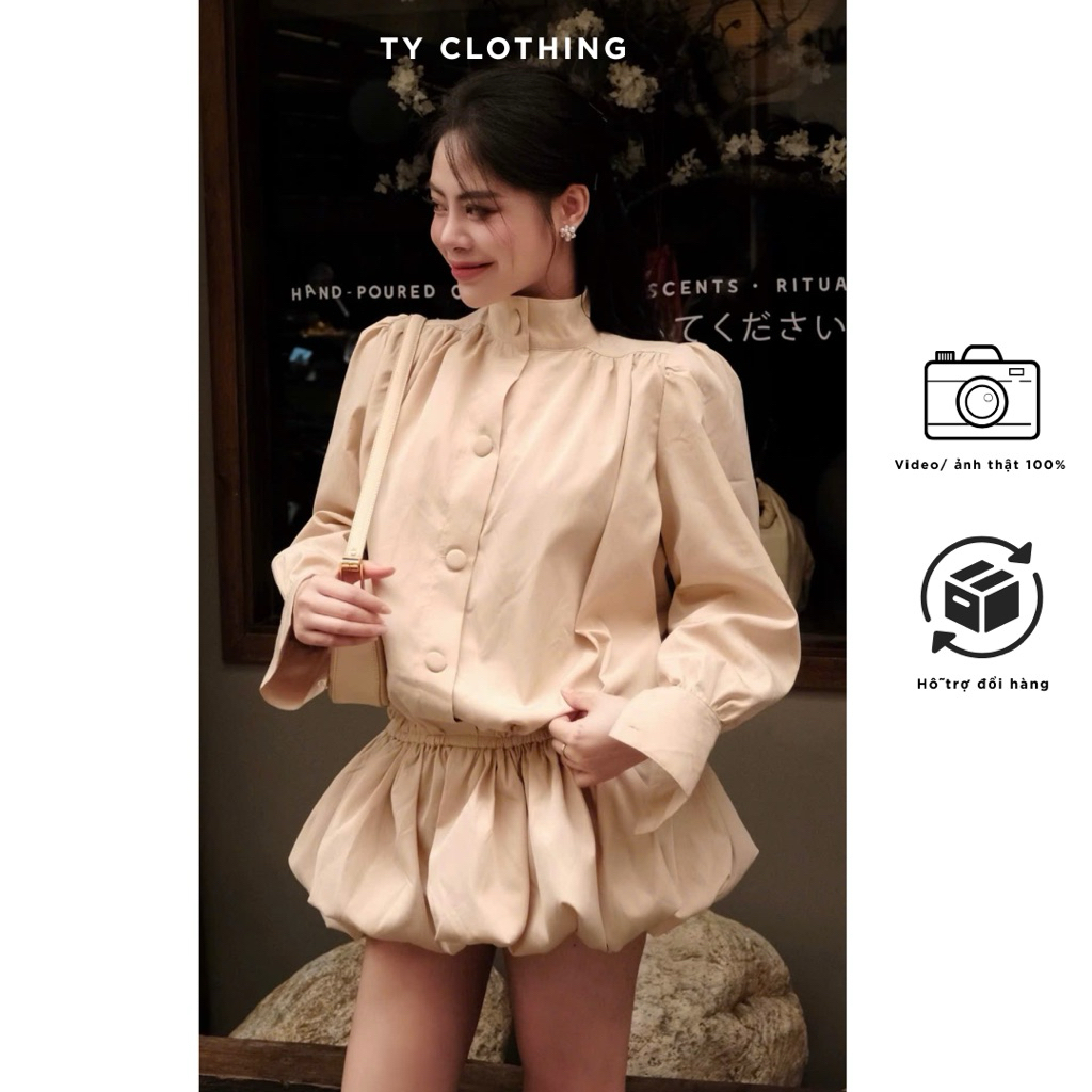 [ TY CLOTHING ] Váy Gió Cổ Lọ Cúc Bọc Màu Be - Hàng Thiết Kế -  TY CLOTHING