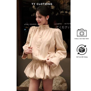 Váy Gió Cổ Lọ Cúc Bọc Màu Be - Hàng Thiết Kế - TY CLOTHING