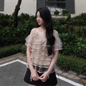 MIU.STUDIO • Áo trễ vai voan bèo nhiều tầng phối viền đính hoa cao cấp, Áo kiểu nữ thiết kế dáng ngắn bồng bềnh tiểu thư