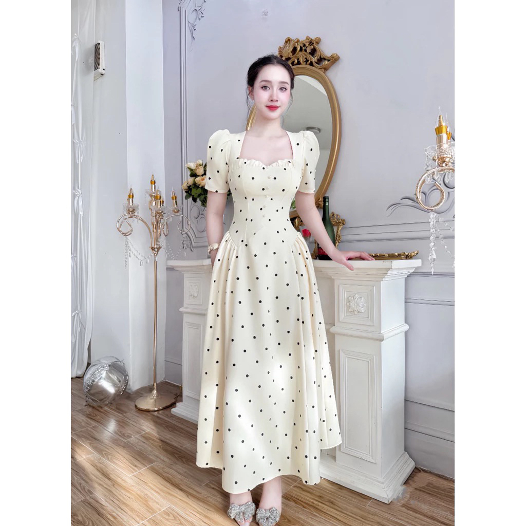 Đầm thiết kế dự tiệc chấm bi cổ vuông tay bồng xoè tiểu thư sang trọng dịu dàng- Pusu house