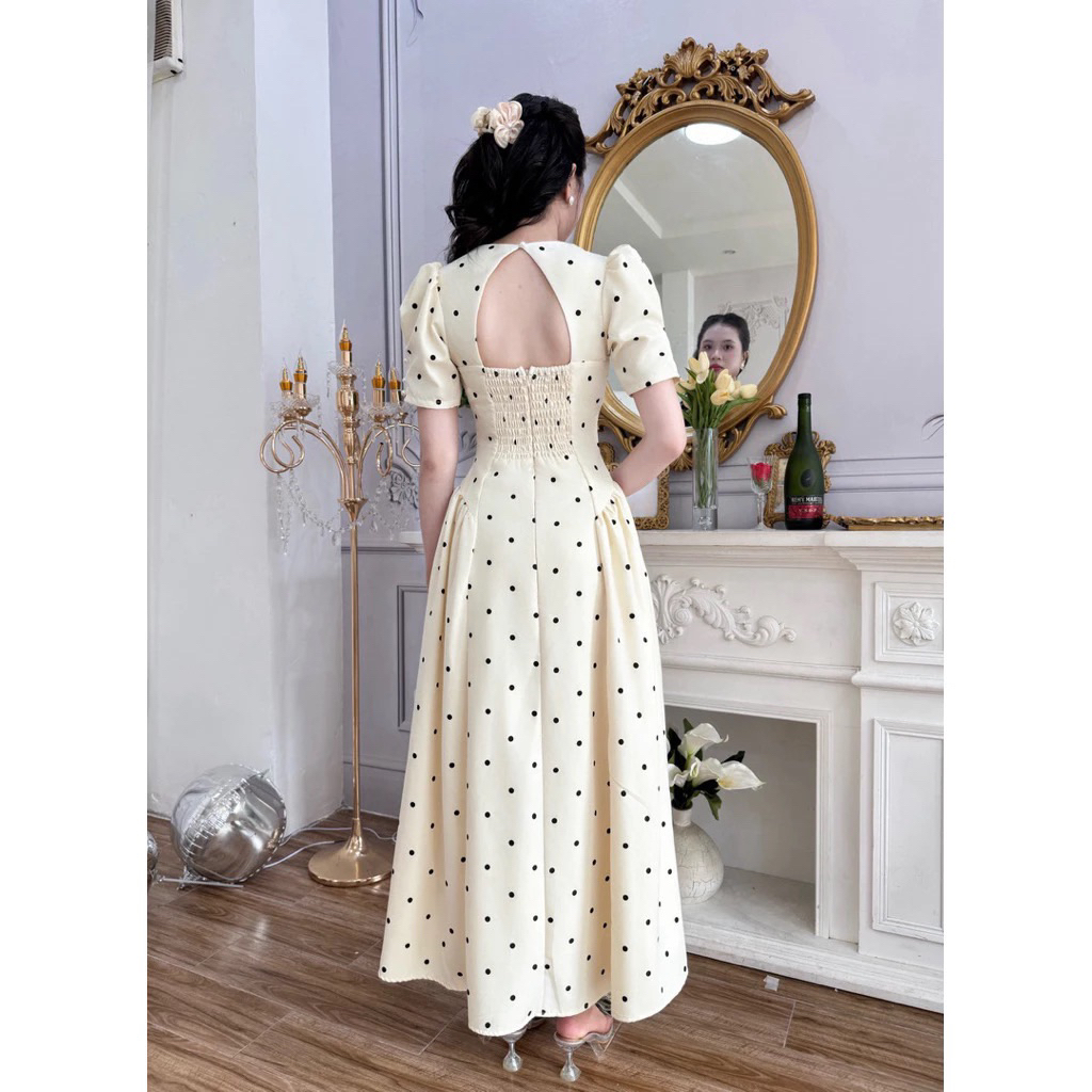 Đầm thiết kế dự tiệc chấm bi cổ vuông tay bồng xoè tiểu thư sang trọng dịu dàng- Pusu house