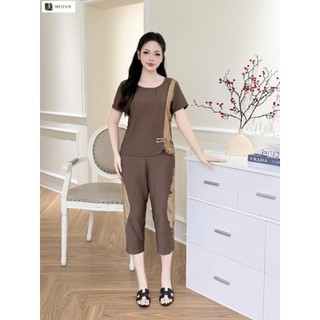 27KVBD003 Bộ lanh Ken va quần lửng áo ngắn tay phối hoa.Chất Liệu: Lanh Hàn