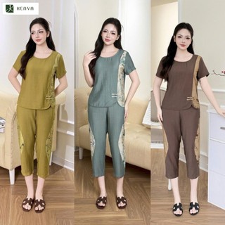 27KVBD003 Bộ lanh Ken va quần lửng áo ngắn tay phối hoa.Chất Liệu: Lanh Hàn