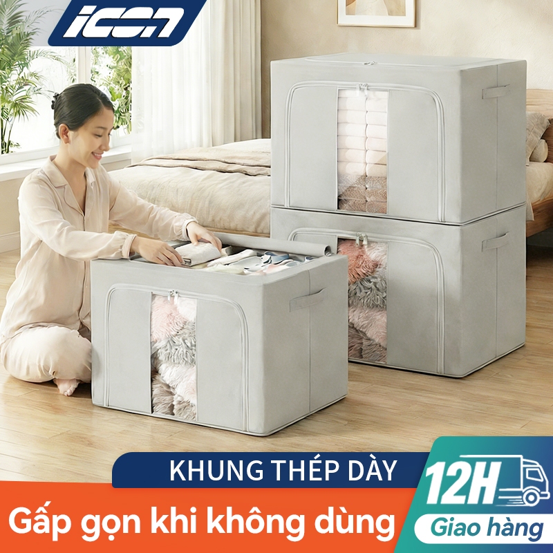 ICON Hộp Đựng Quần Áo Khung Thép Cao Cấp - Gấp Gọn Chống Ẩm, Túi Đựng Chăn Màn Cỡ Lớn Đa Năng Dễ Lấy Đồ