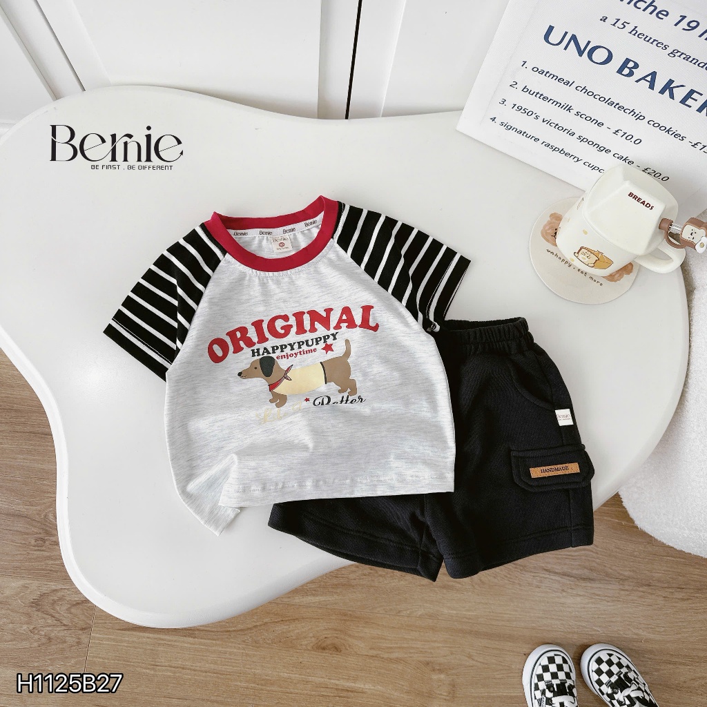 Bộ cotton cộc tay raglan phối kẻ in hoạ tiết original, bộ cotton cộc tay bé trai quần túi hộp