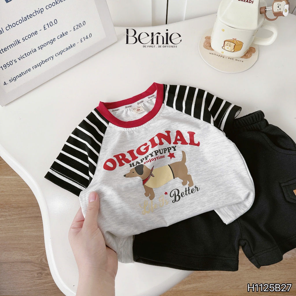Bộ cotton cộc tay raglan phối kẻ in hoạ tiết original, bộ cotton cộc tay bé trai quần túi hộp