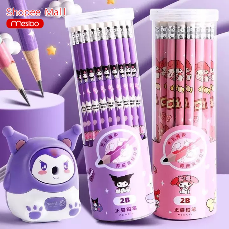 Bút chì Mesibo cho bé lớp 1 HB/2B có tẩy thiết kế cute – Hộp 30 cây gỗ, viết nét đậm
