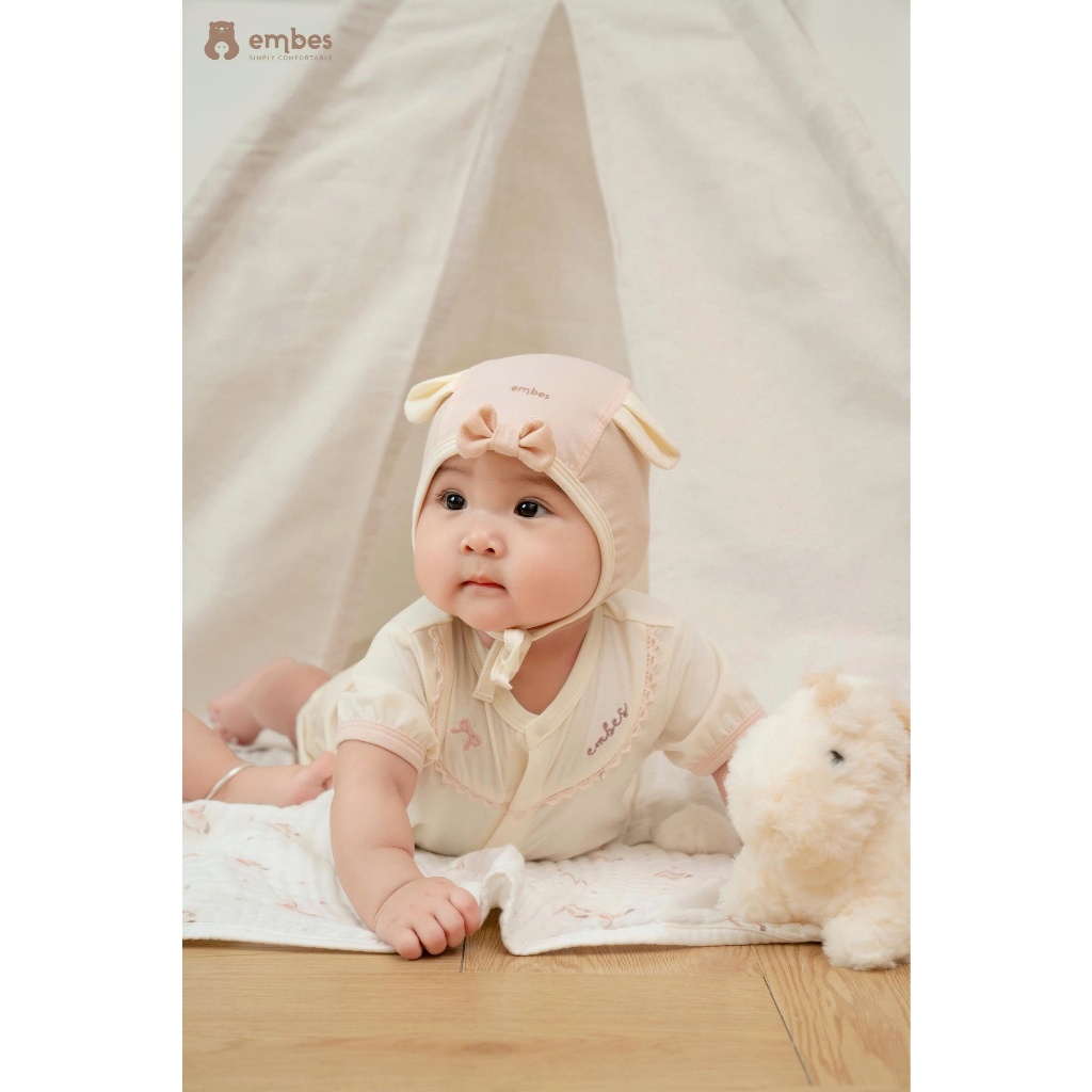 Phụ Kiện Sơ Sinh Embes, Mũ Buộc Phối Tai Cún Cute Chất Cotton Mềm Mại Cho Bé Sơ Sinh Từ 0-9 Tháng