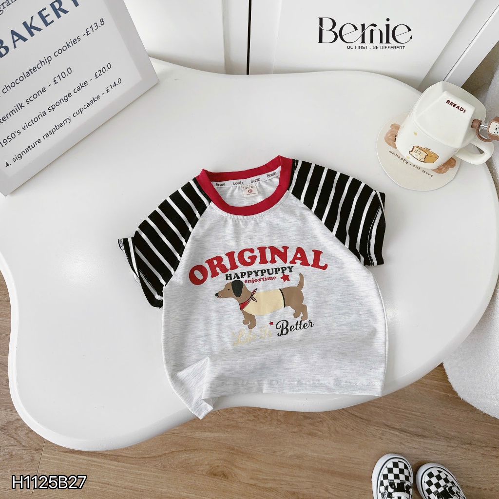 Bộ cotton cộc tay raglan phối kẻ in hoạ tiết original, bộ cotton cộc tay bé trai quần túi hộp