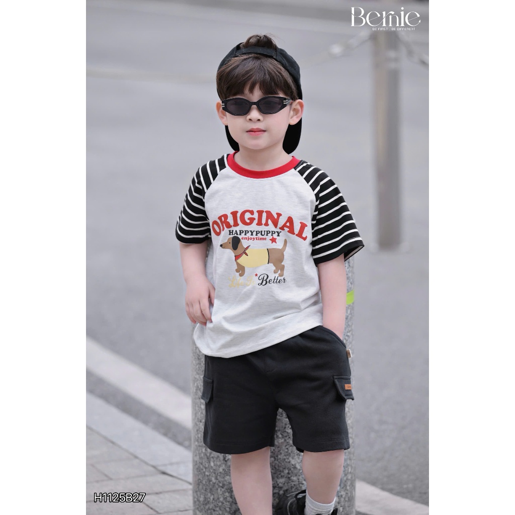 Bộ cotton cộc tay raglan in hình chú cún Original Bernie phối quần da cá cho bé trai 9-24kg