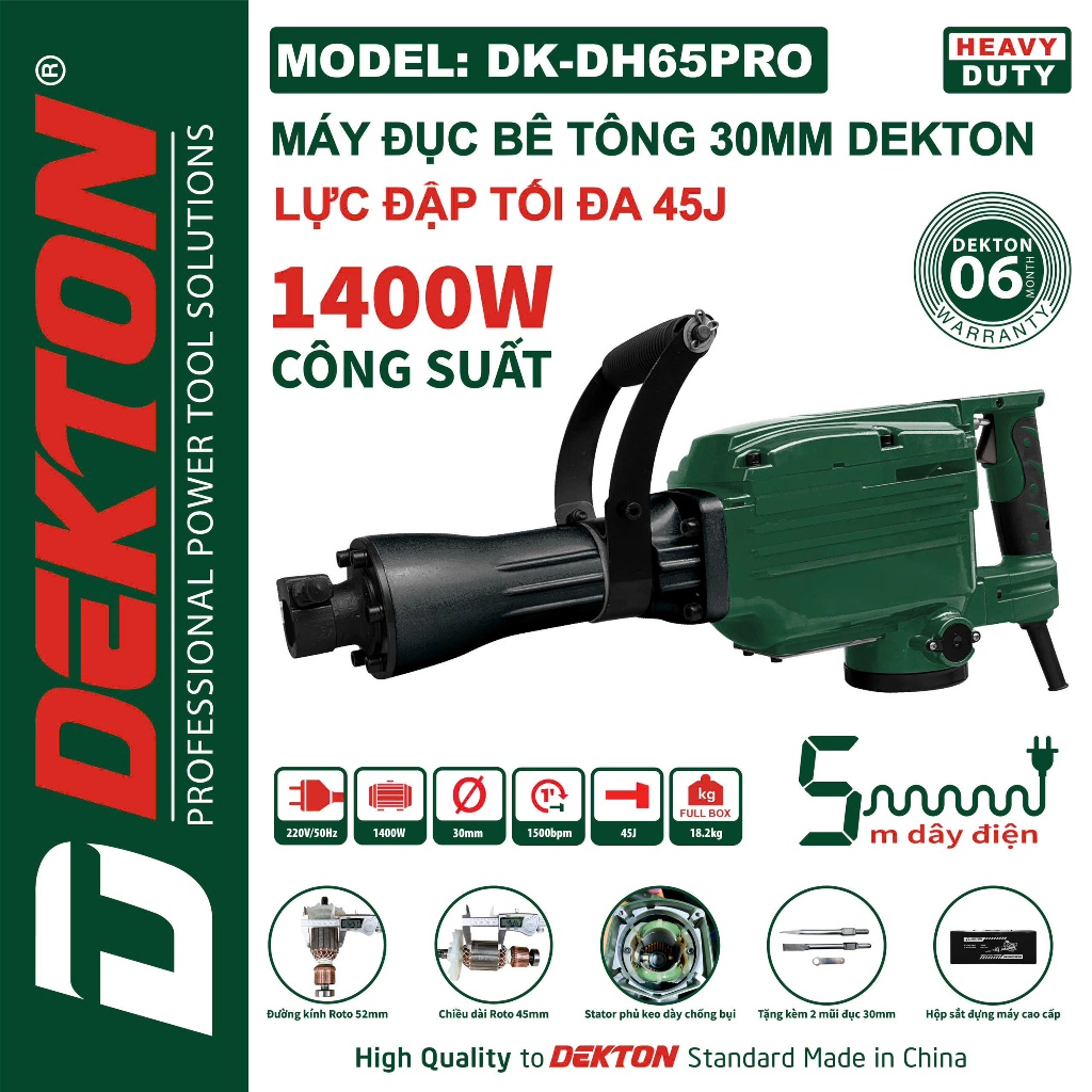 Máy đục bê tông 30mm Dekton DK-DH65PRO Công Suất 1850W Tặng Kèm 2 Mũi Dây Dài 5m