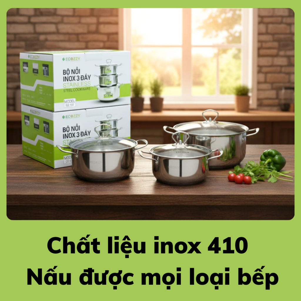 Bộ 3 nồi ECOZZY chất liệu inox 410 chống dính, chống rỉ kích thước 18-20-24cm dùng được mọi loại bếp